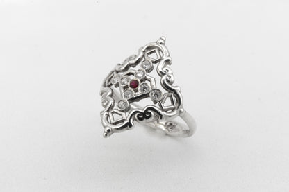 Anillo Creu Mallorquina JVP Rococó V1 Circonitas Blancas y Roja