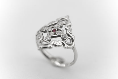 Anillo Creu Mallorquina JVP Rococó V1 Circonitas Blancas y Roja