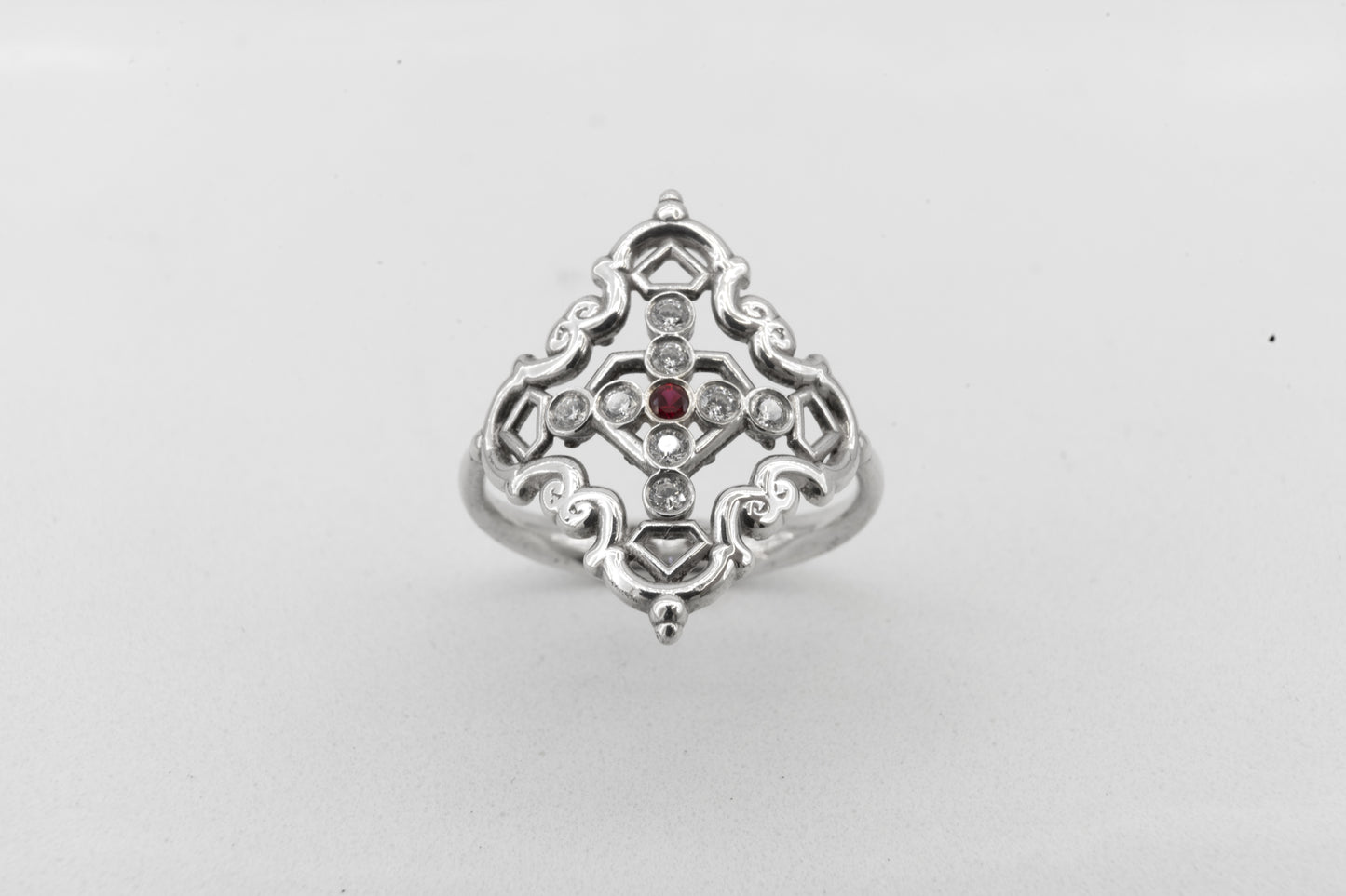 Anillo Creu Mallorquina JVP Rococó V1 Circonitas Blancas y Roja