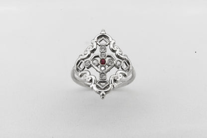 Anillo Creu Mallorquina JVP Rococó V1 Circonitas Blancas y Roja
