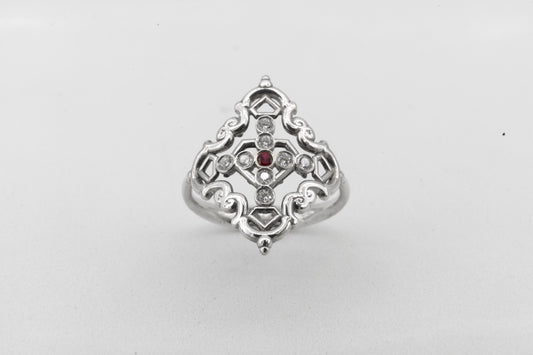 Anillo Creu Mallorquina JVP Rococó V1 Circonitas Blancas y Roja