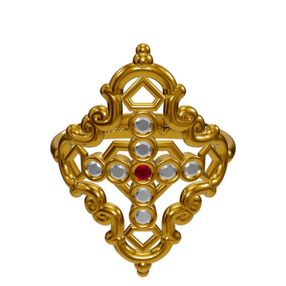 Anillo Creu Mallorquina JVP Rococó V1 Circonitas Blancas y Roja