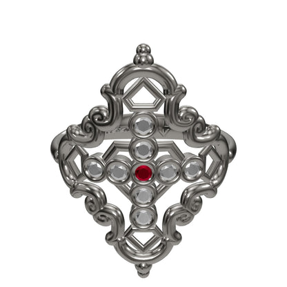 Anillo Creu Mallorquina JVP Rococó V1 Circonitas Blancas y Roja